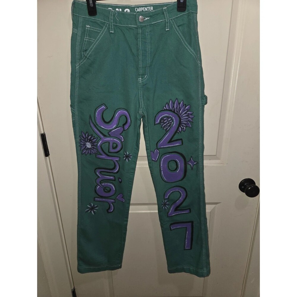 Hand painted Senior Jeans - S.O.N.G. Green carpenter boyfriend jeans, size 7/28